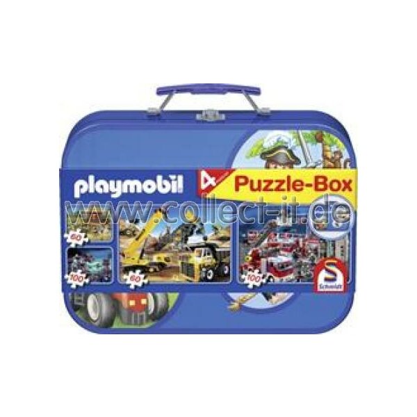 Schmidt Spiele 55599 - Playmobil, Puzzle-Box blau, 2x60, 2x100 Teile im Metallkoffer