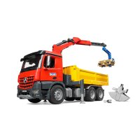 Bruder 3651 - MB Arocs Baustellen LKW mit Kran, Schaufelgreifer und 2 Paletten