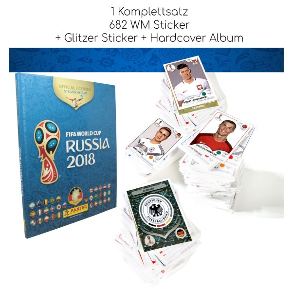 Panini WM 2018 Sticker - Komplettsatz + Glitzer + Hardcover Album (682 Stk.)