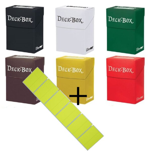 6x Ultra Pro Deck Boxen Verschiedene Farben unserer Wahl + 12 Beschriftungsetiketten - für ALLE Karten