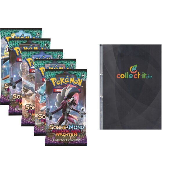 Pokemon Sonne & Mond - Serie 2 - Stunde der Wächter - 5 Booster + collect-it 9-Pocket Album schwarz 30 Seiten (540 Karten) - Deutsch