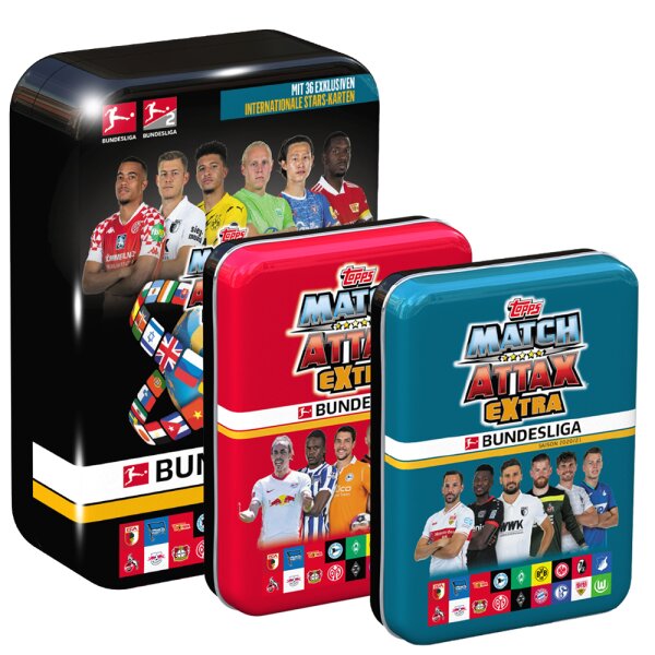 Topps Match Attax EXTRA 2020/21 - 1 Tin Box + alle 2 verschiedenen Mini Tin Boxen