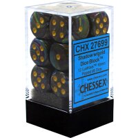CHESSEX 16MM D6 WITH PIPS Würfel BLOCK (12 Würfel - LUSTROUS SHADOW W/GOL - CHX 27699