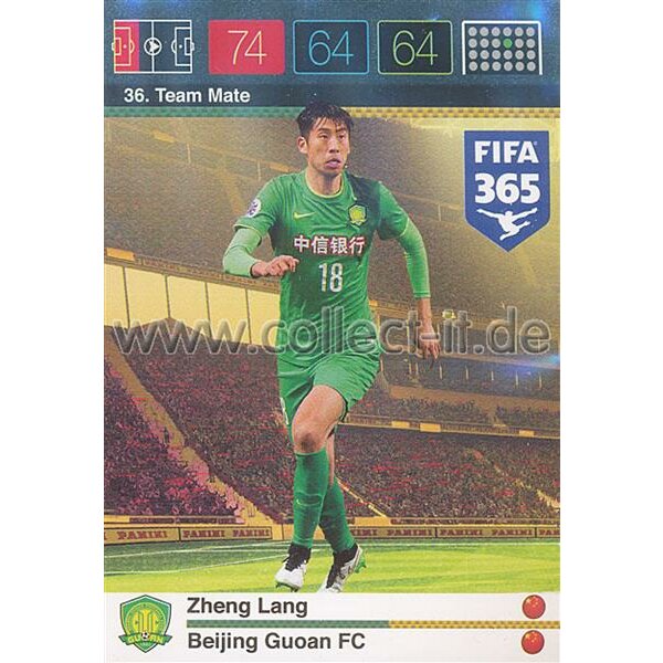 Fifa 365 Cards 2016 036 Zheng Lang - Base Karte